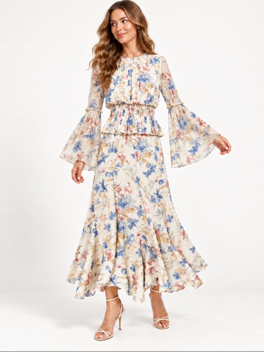 NWT Tuckernuck Cream/Blue Chiffon   2 piece Floral Maxi Skirt Set Size L